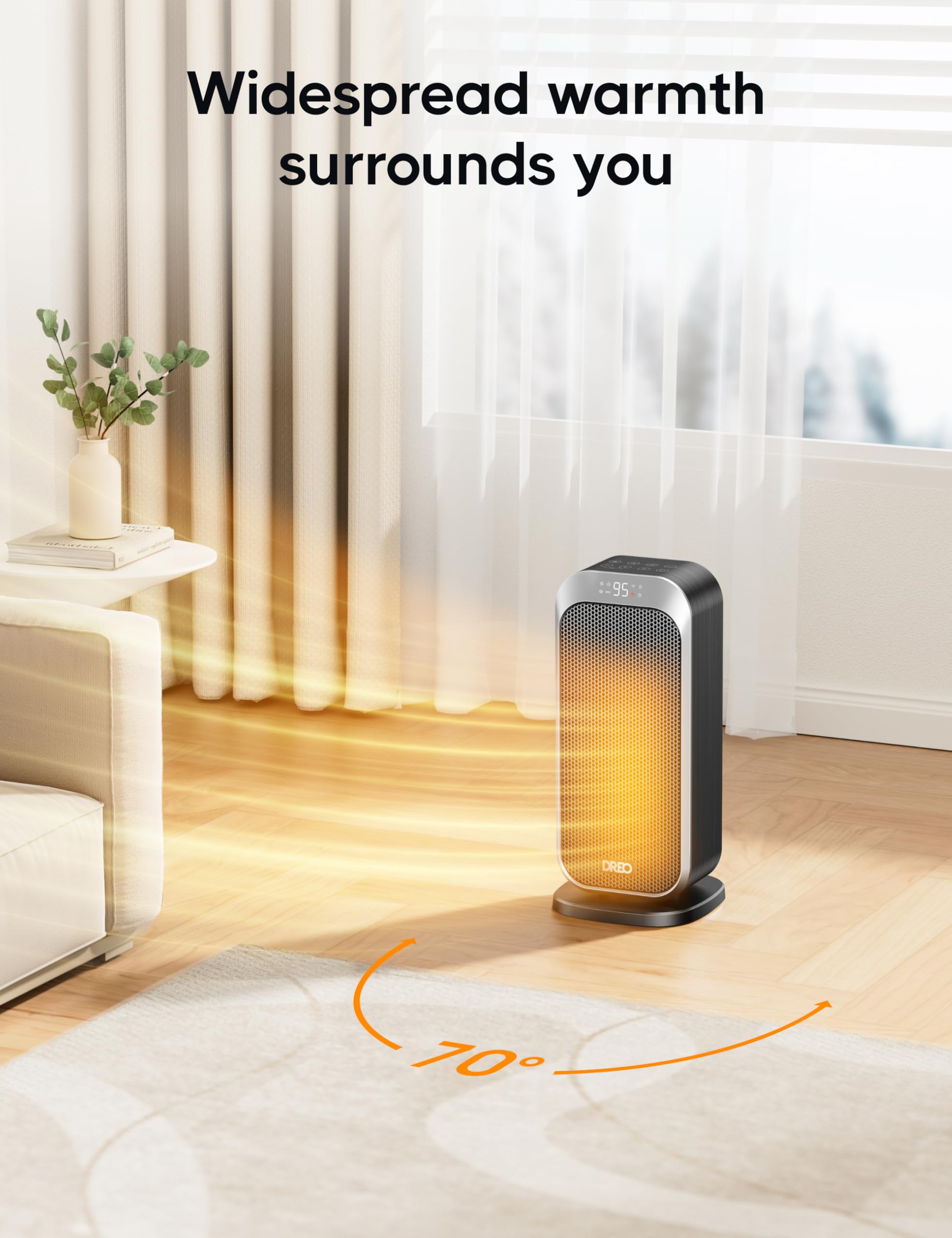 DREO 70-degree oscillation distributes heat evenly across the room