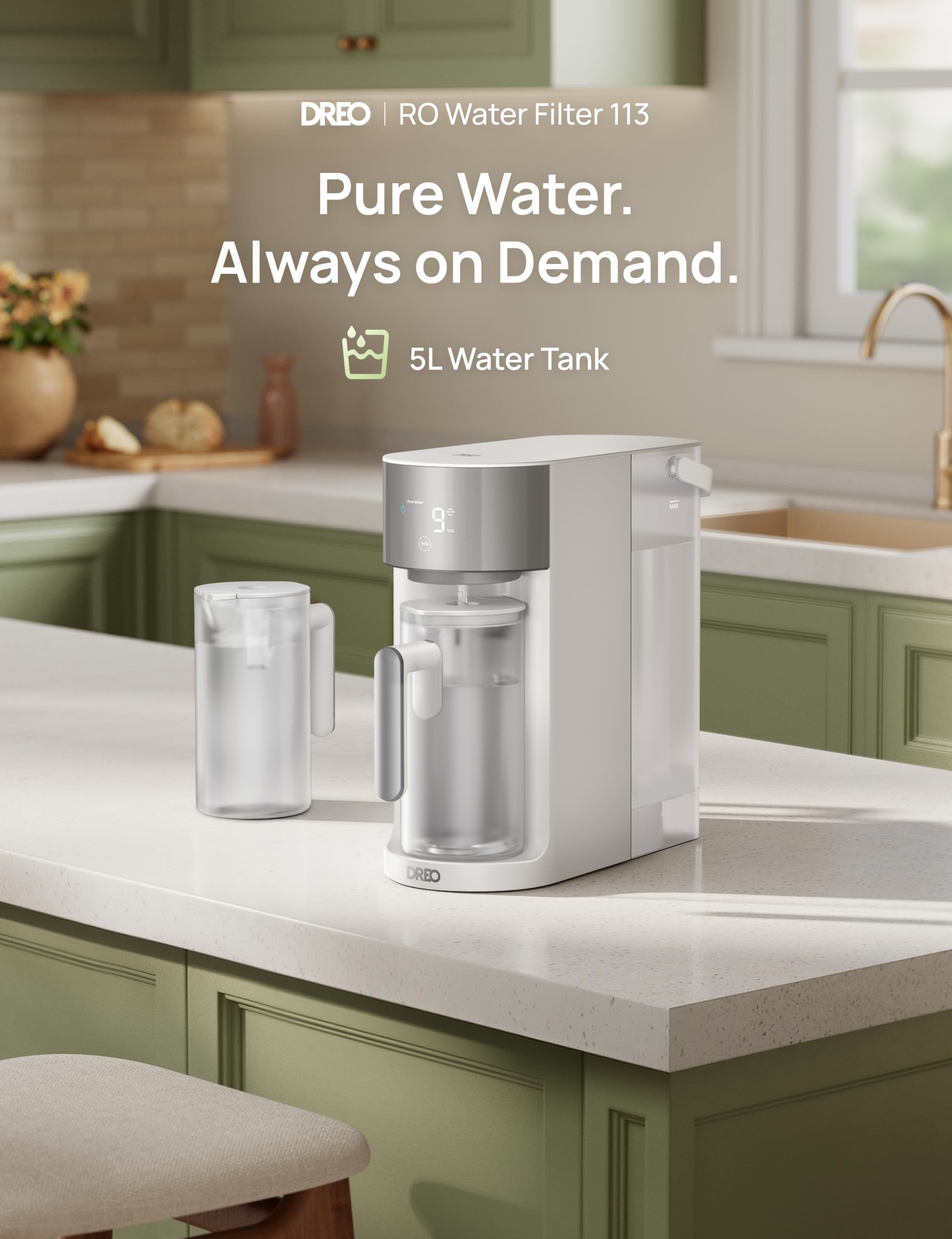 DREO purification system showing 3:1 pure to drain efficiency and water use.