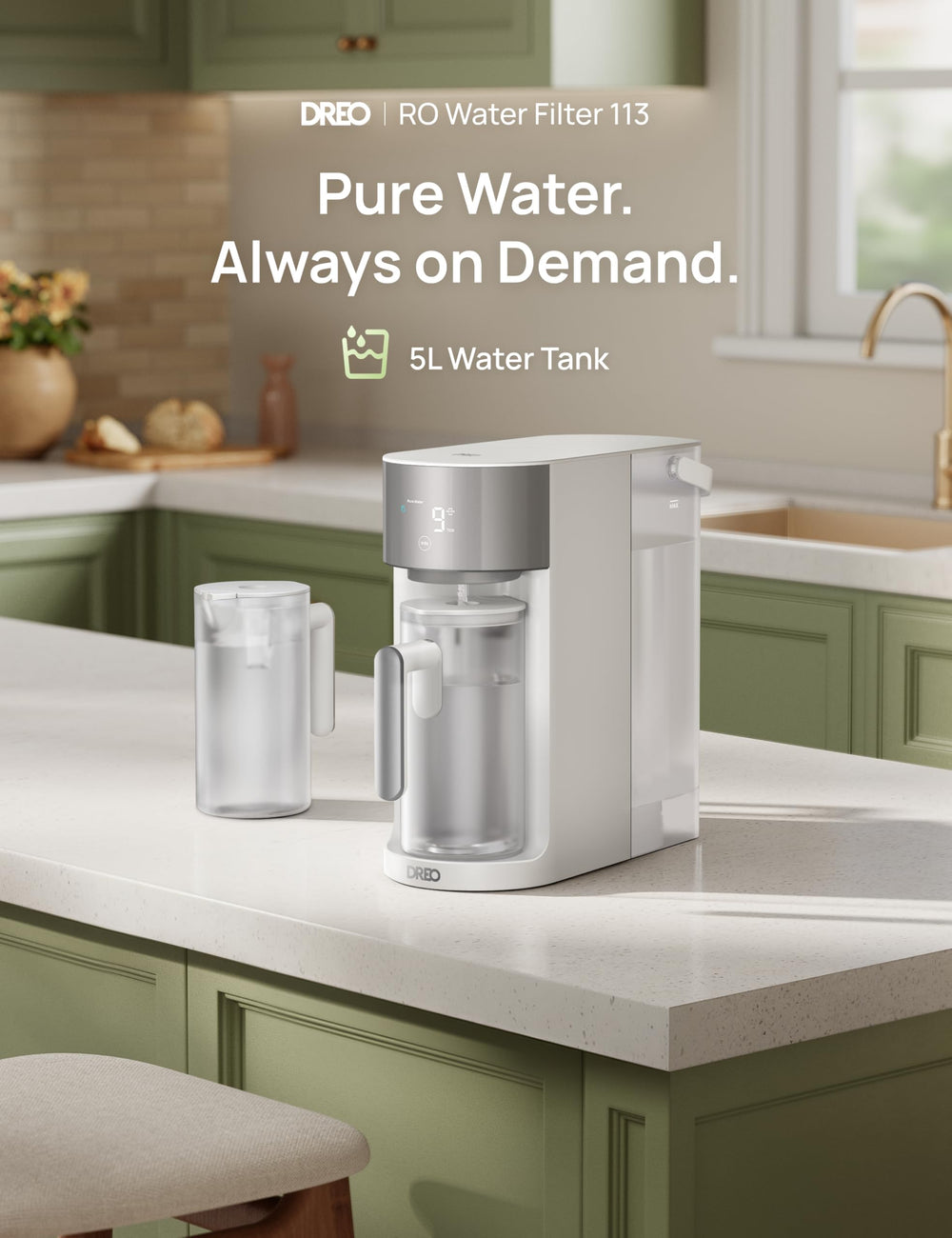DREO purification system showing 3:1 pure to drain efficiency and water use.