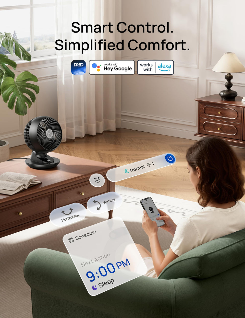 DREO 12-inch desk fan fitting neatly on a compact workspace