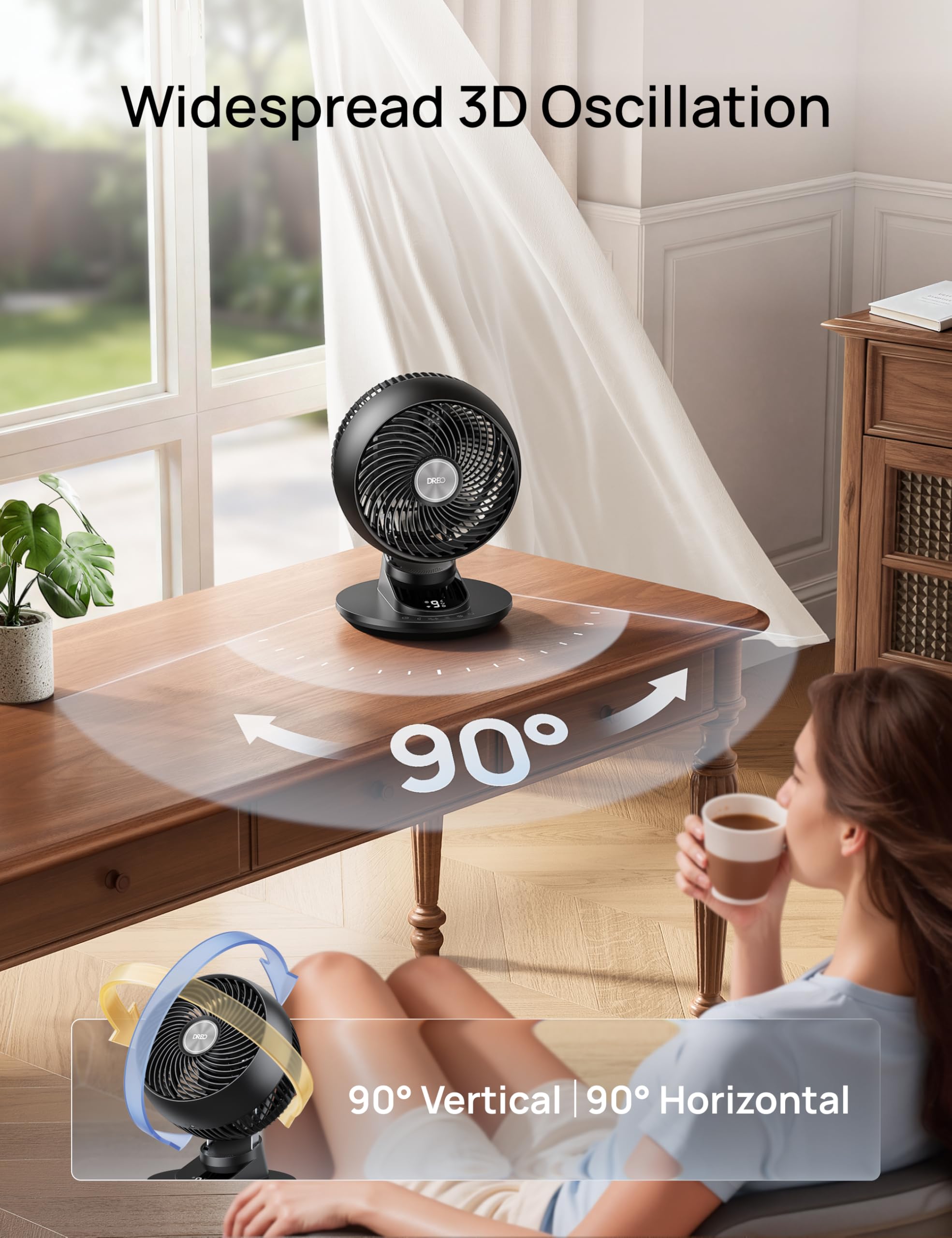 DREO fan with 90-degree oscillation covering a full room