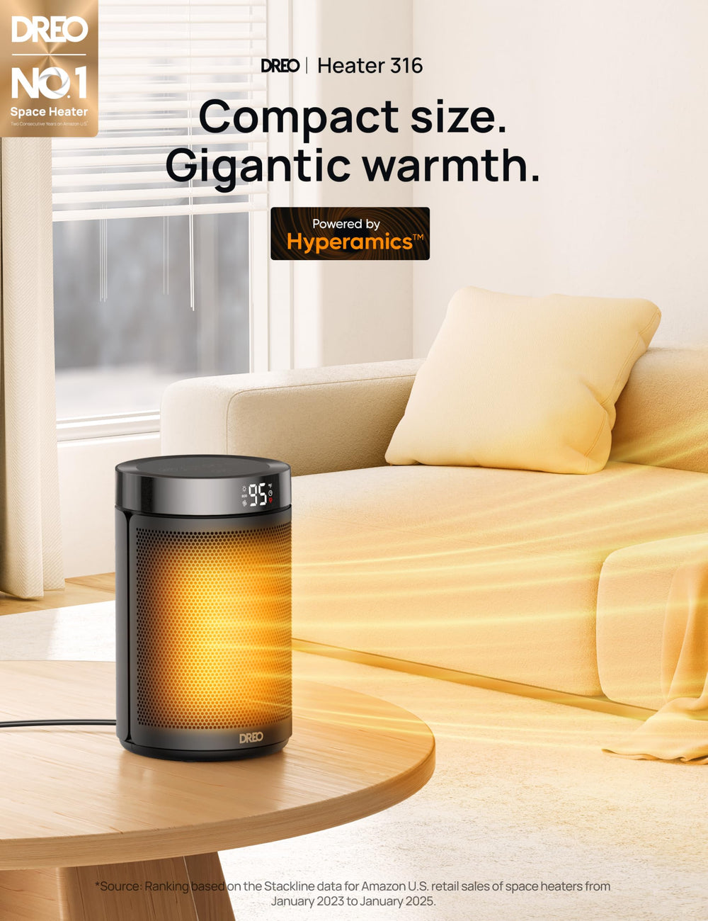 DREO space heater digital display illustrating precise thermostat control
