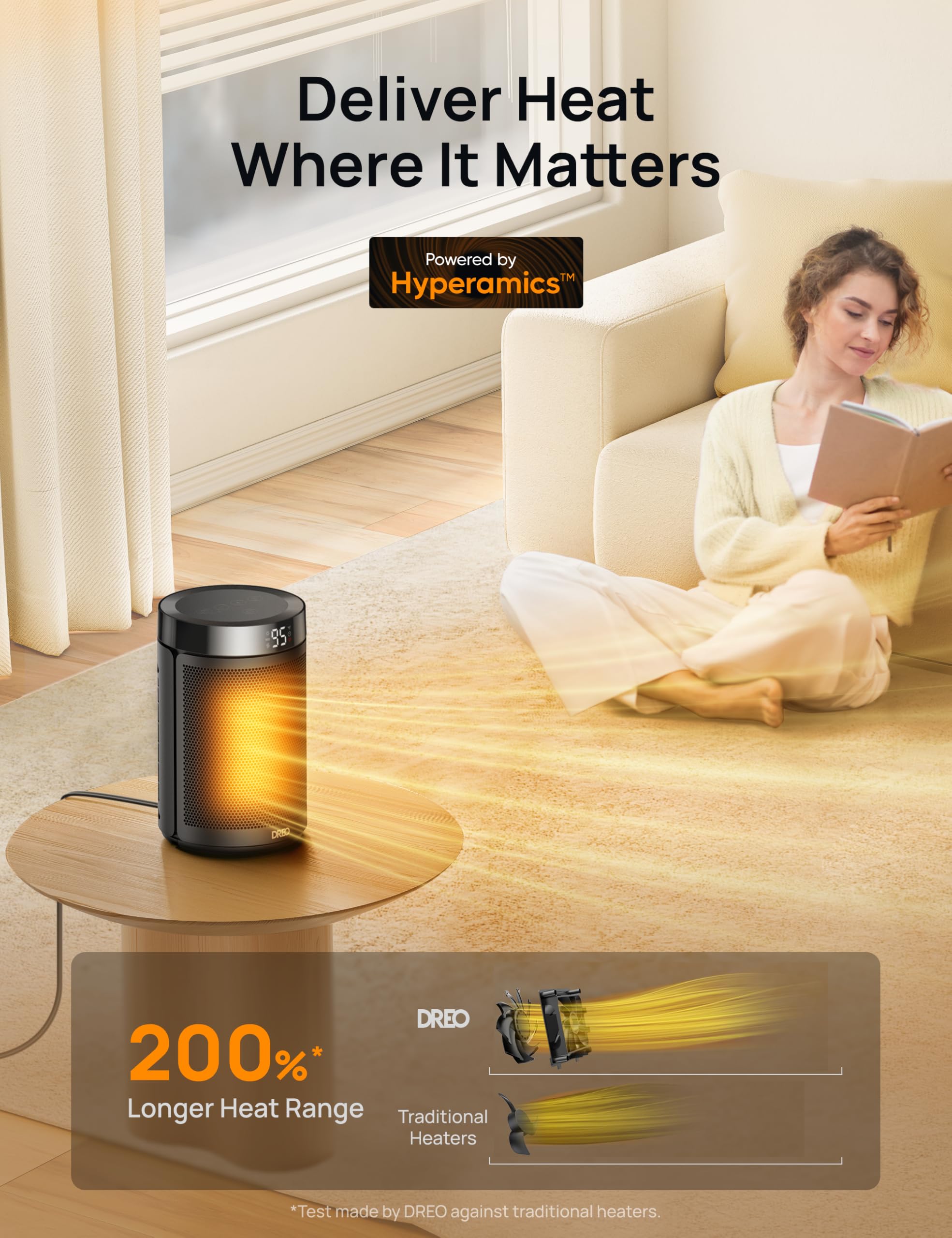 DREO space heater quiet operation highlighting low-noise performance