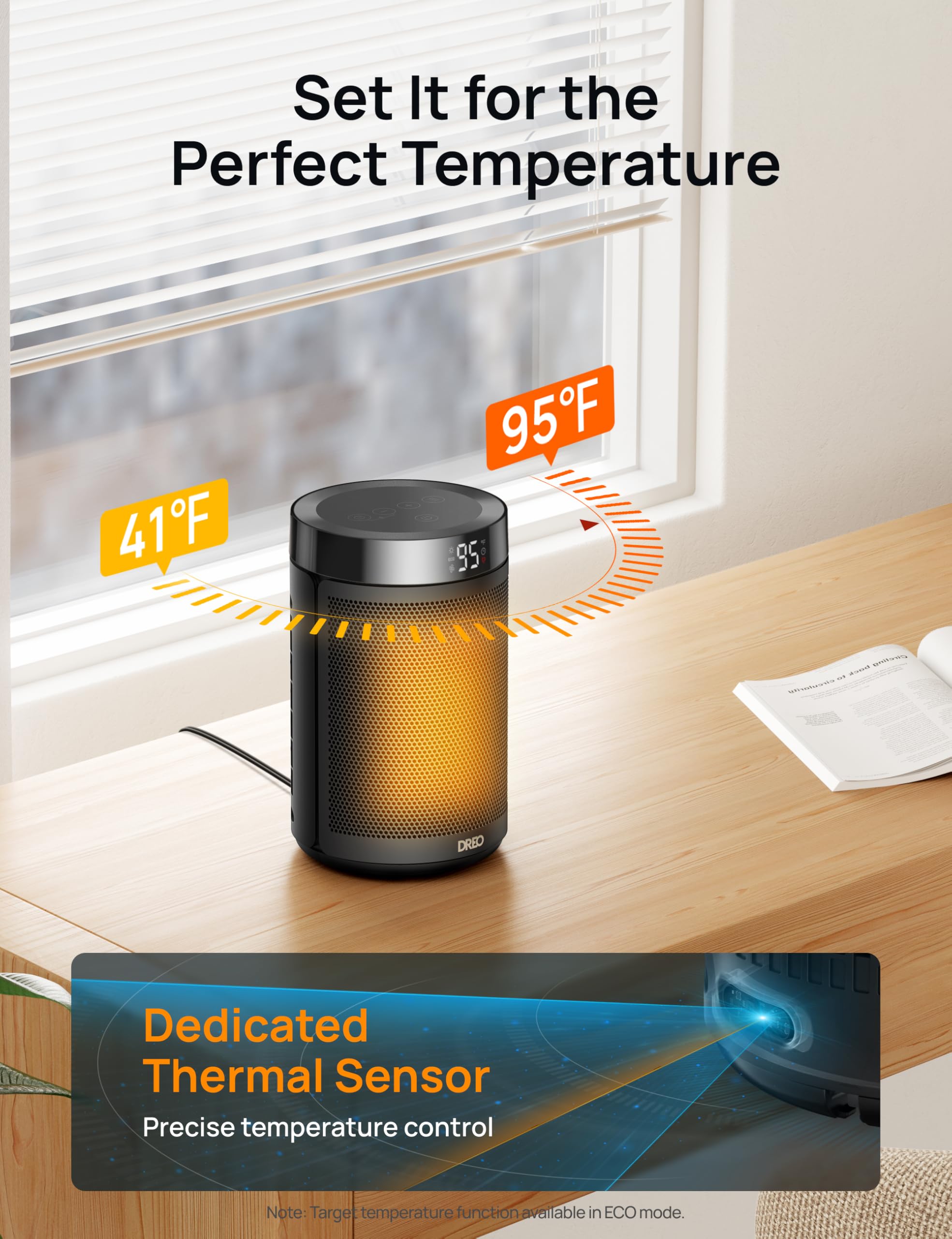DREO space heater thermostat control and settings in use