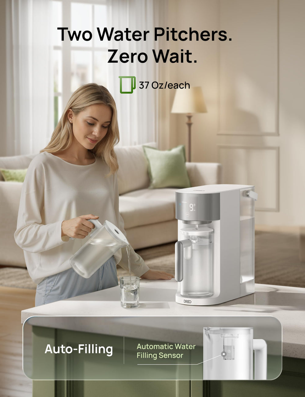 DREO real-time TDS monitor highlights water quality and filter life.