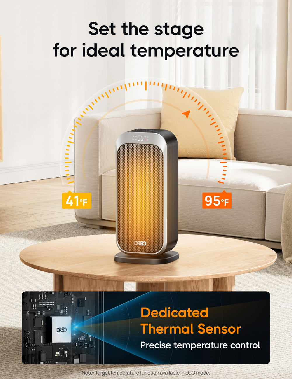 DREO thermostat controls 41–95°F for precise comfort