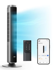 DREO Tower Fan front view showing slim chassis and 42-inch height for wide cooling
