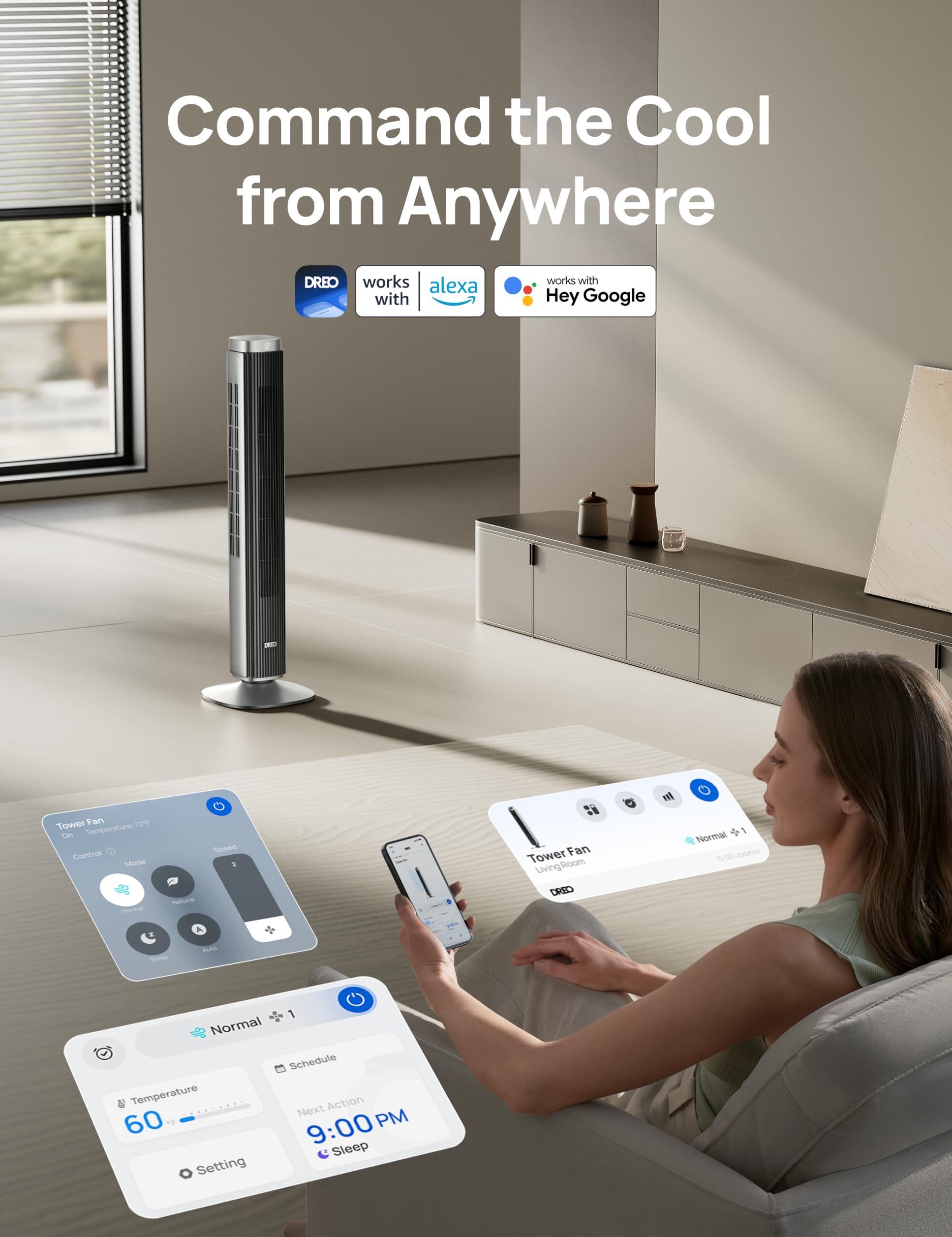 DREO Tower Fan 90-degree oscillation demonstrating broad room coverage