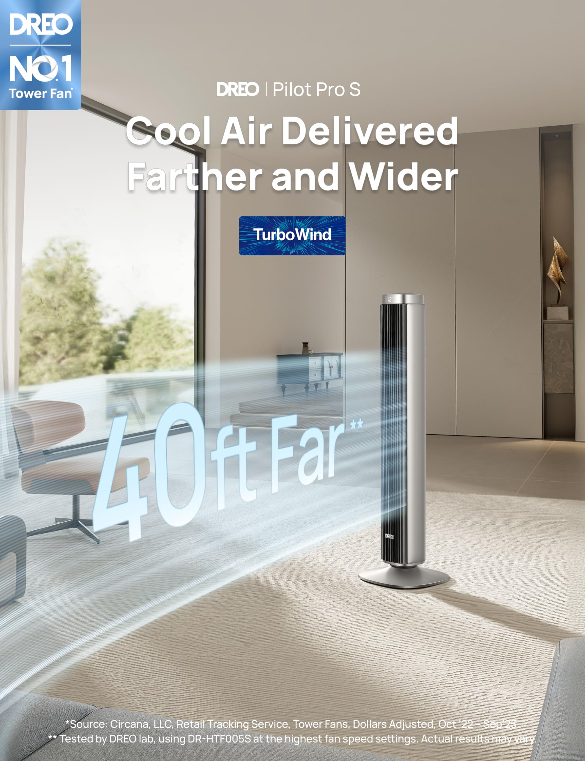 DREO Tower Fan side view highlighting slim profile ideal for bedrooms