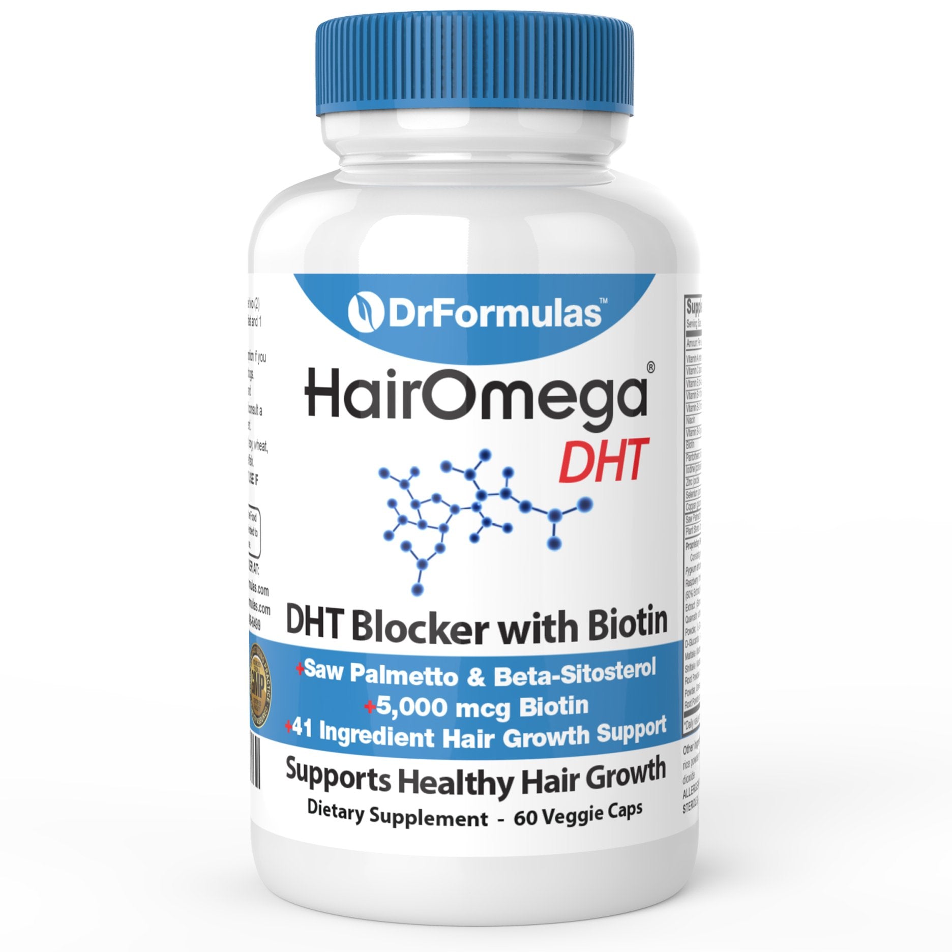 DrFormulas HairOmega DHT Blocker bottle pouring capsules for daily use, supporting hair vitality.