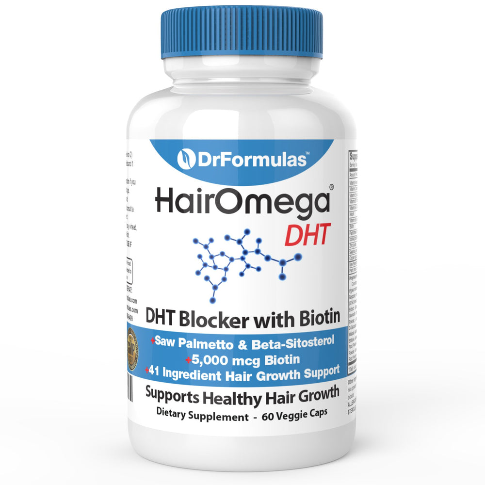 DrFormulas HairOmega DHT Blocker bottle pouring capsules for daily use, supporting hair vitality.
