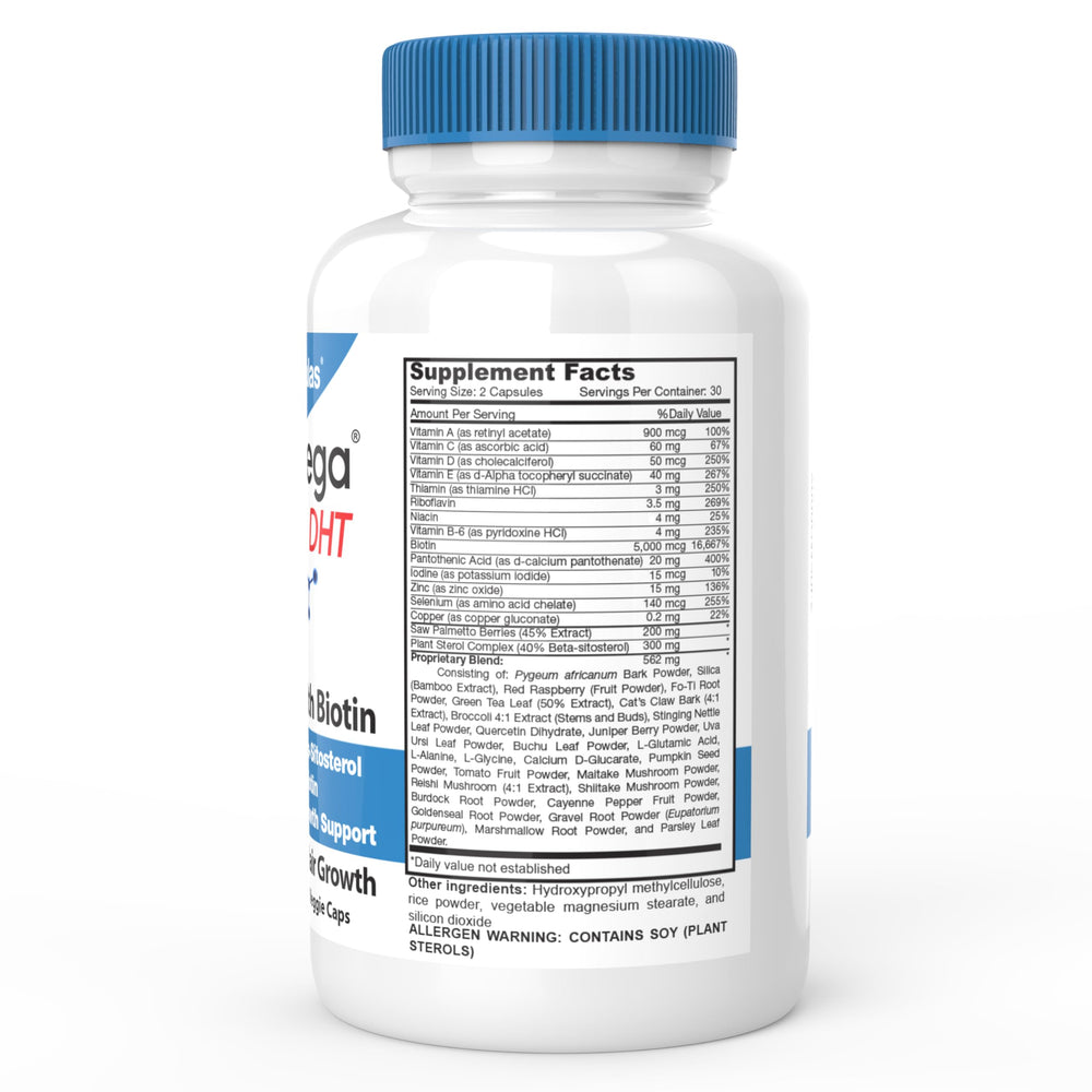 DrFormulas HairOmega DHT Blocker capsules, easy daily supplement for hair strength and growth.