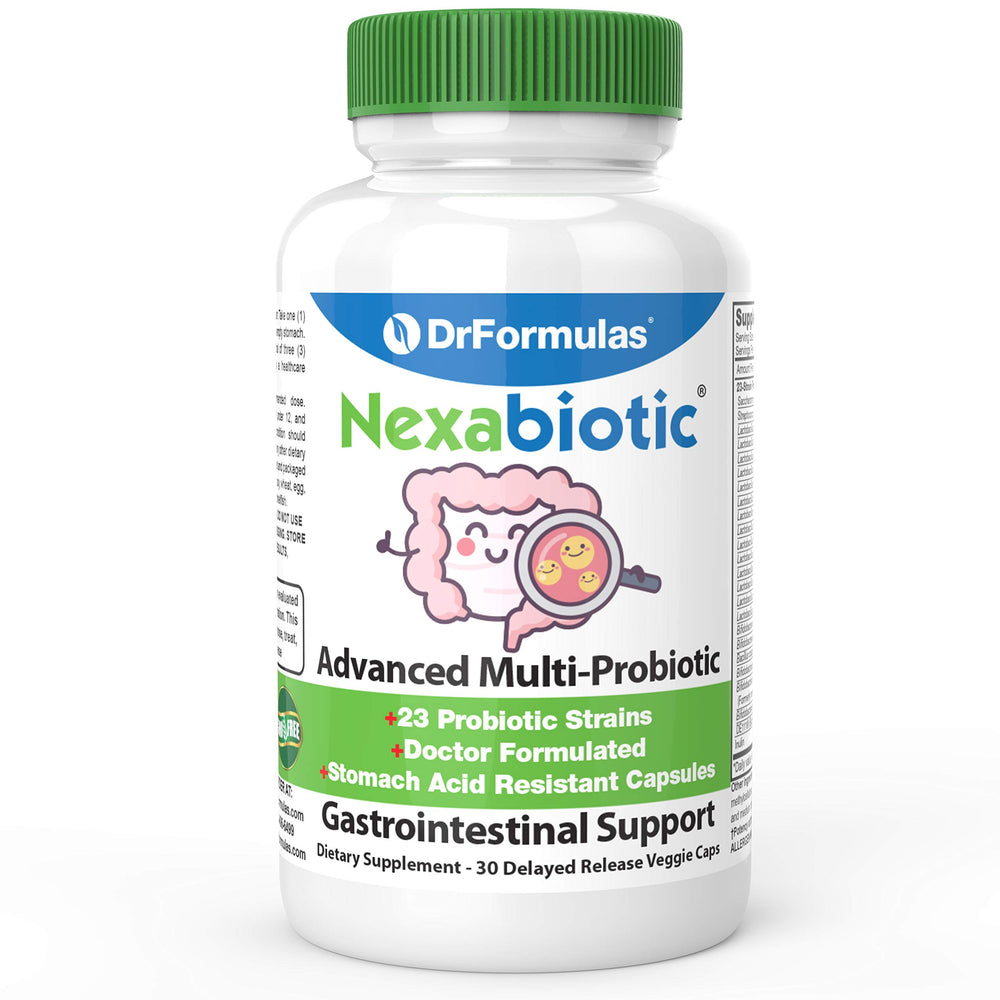 DrFormulas Nexabiotic 23 bottle showing 17.25B CFUs in delayed-release capsules.