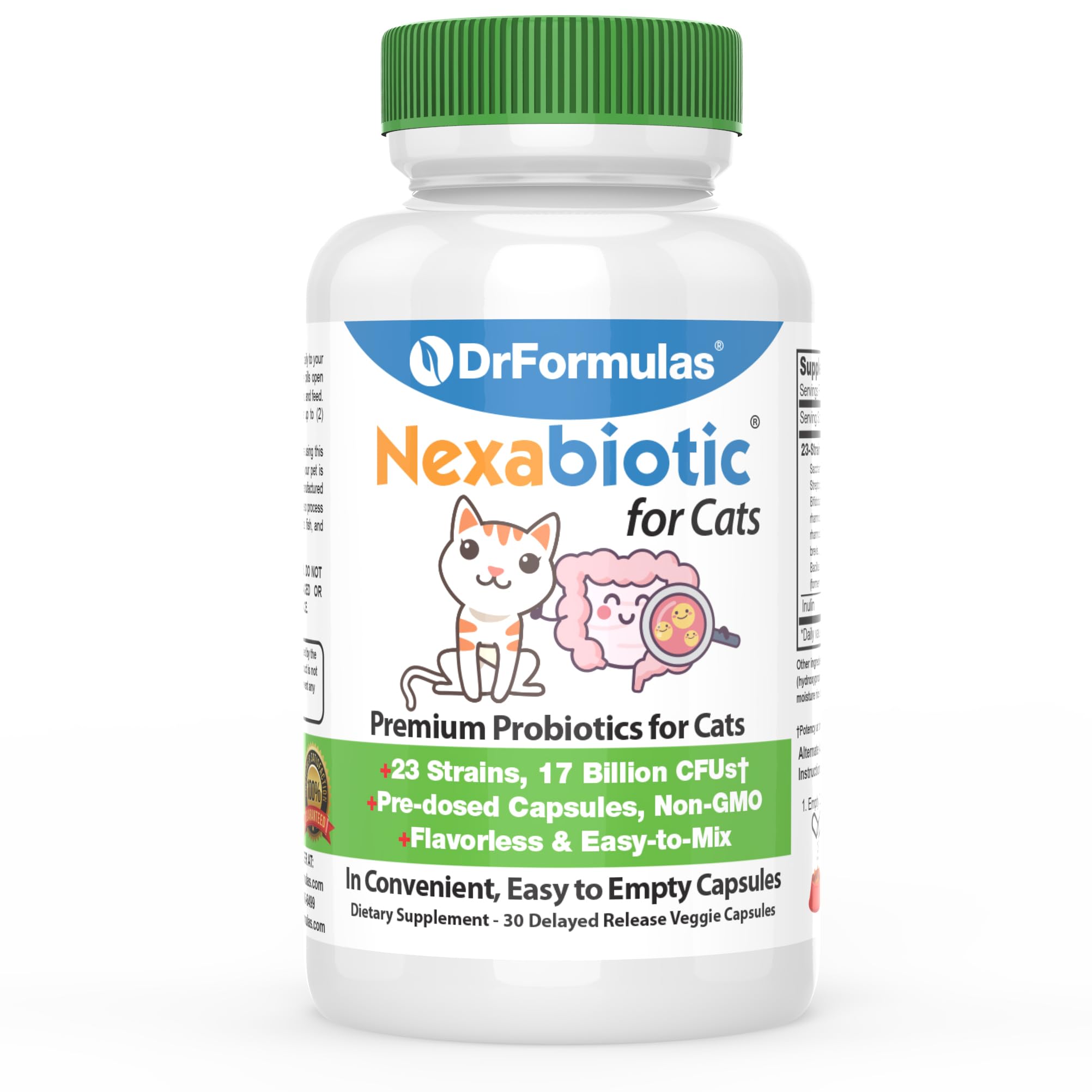 DrFormulas Nexabiotic cat powder bottle promotes digestive balance.