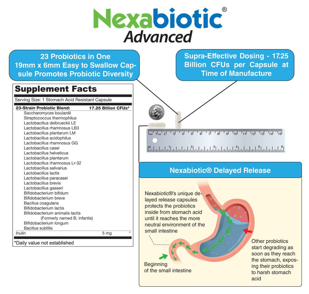 Close view of delayed-release Nexabiotic capsules designed for gut delivery