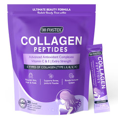 DRFOSTER Collagen Packets box packaging shows 30 sticks for on the go beauty.