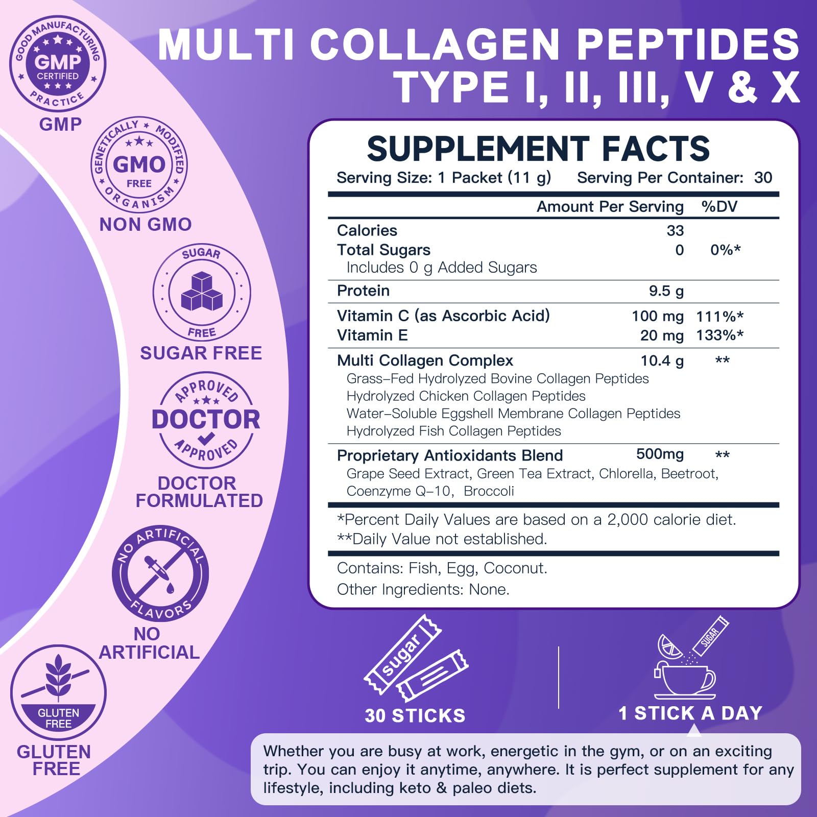 DRFOSTER Collagen Packets label close-up highlights ingredients and benefits.