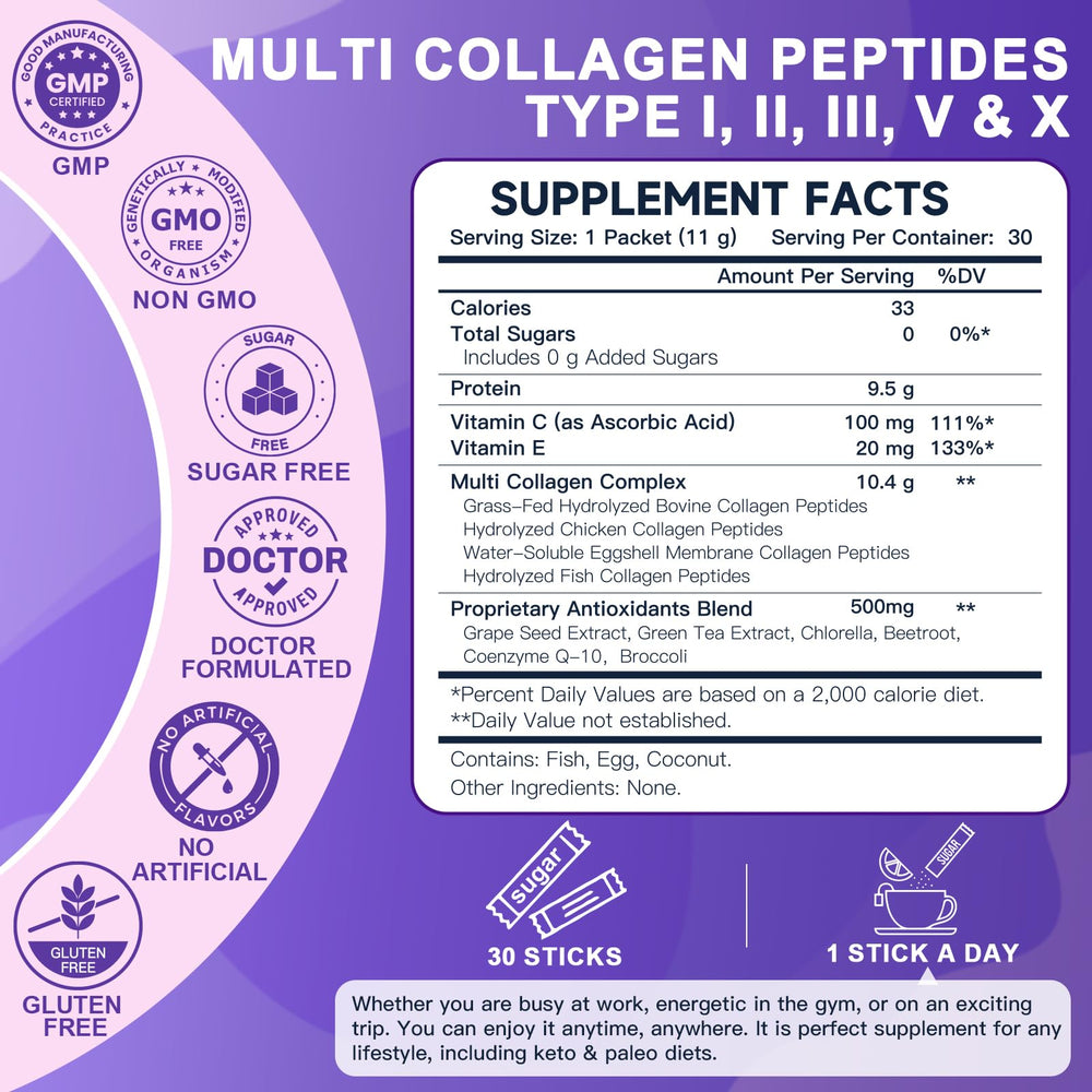 DRFOSTER Collagen Packets label close-up highlights ingredients and benefits.
