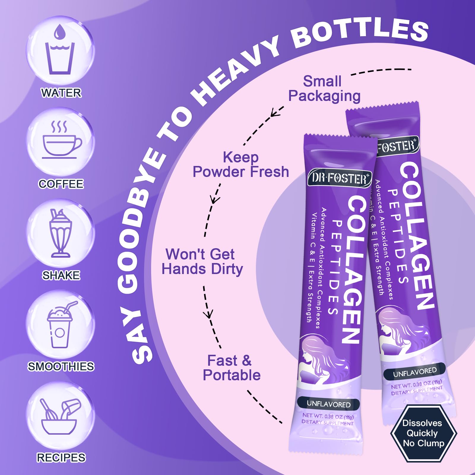 DRFOSTER Collagen Packets travel-ready sleeves for on the go use.