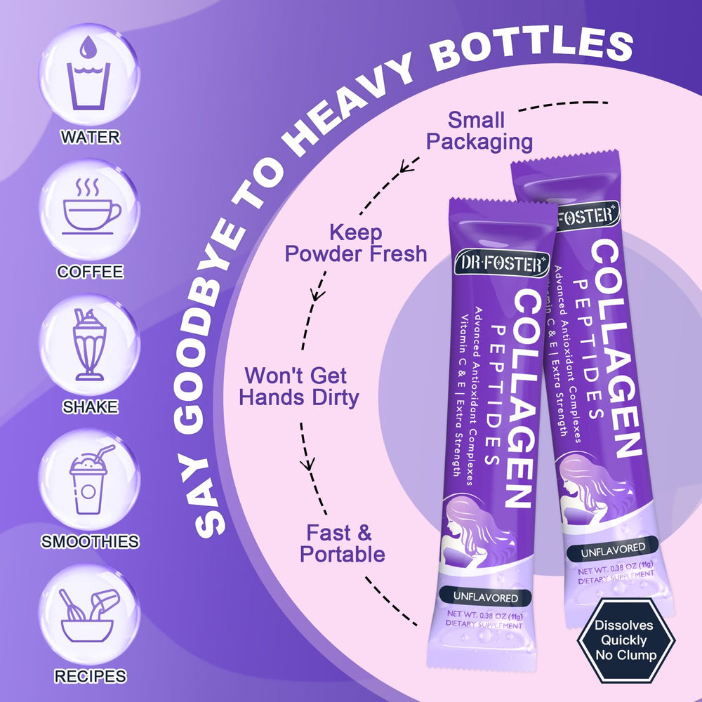 DRFOSTER Collagen Packets travel-ready sleeves for on the go use.