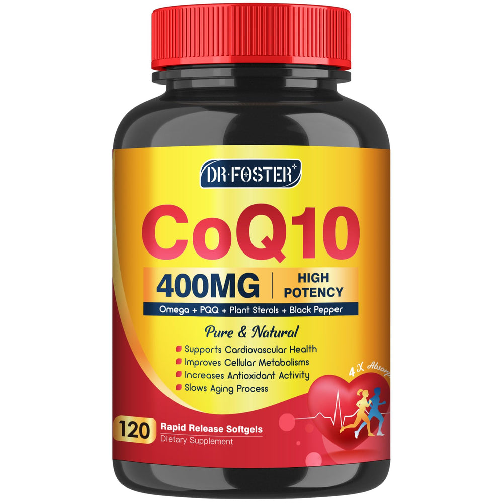 DRFOSTER CoQ10 400mg softgels bottle with 120 servings for energy and heart support.