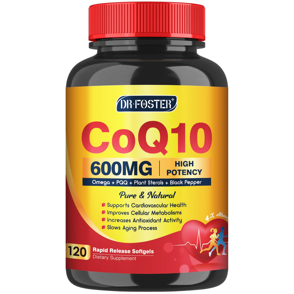 DRFOSTER CoQ10 600mg softgels bottle for daily energy support and antioxidant protection.