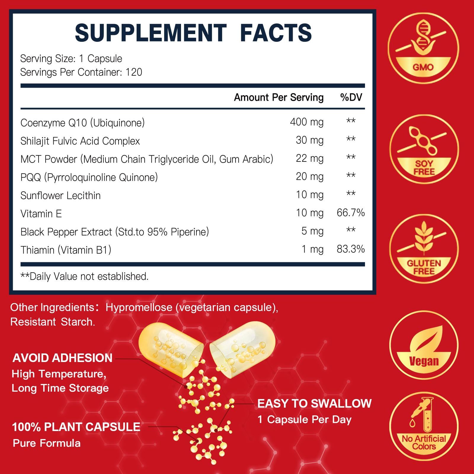 Close-up of DRFOSTER CoQ10 capsules highlighting PQQ and Shilajit synergy for cellular energy.