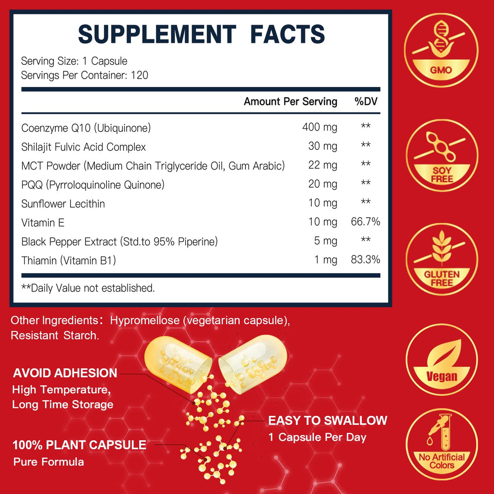 Close-up of DRFOSTER CoQ10 capsules highlighting PQQ and Shilajit synergy for cellular energy.