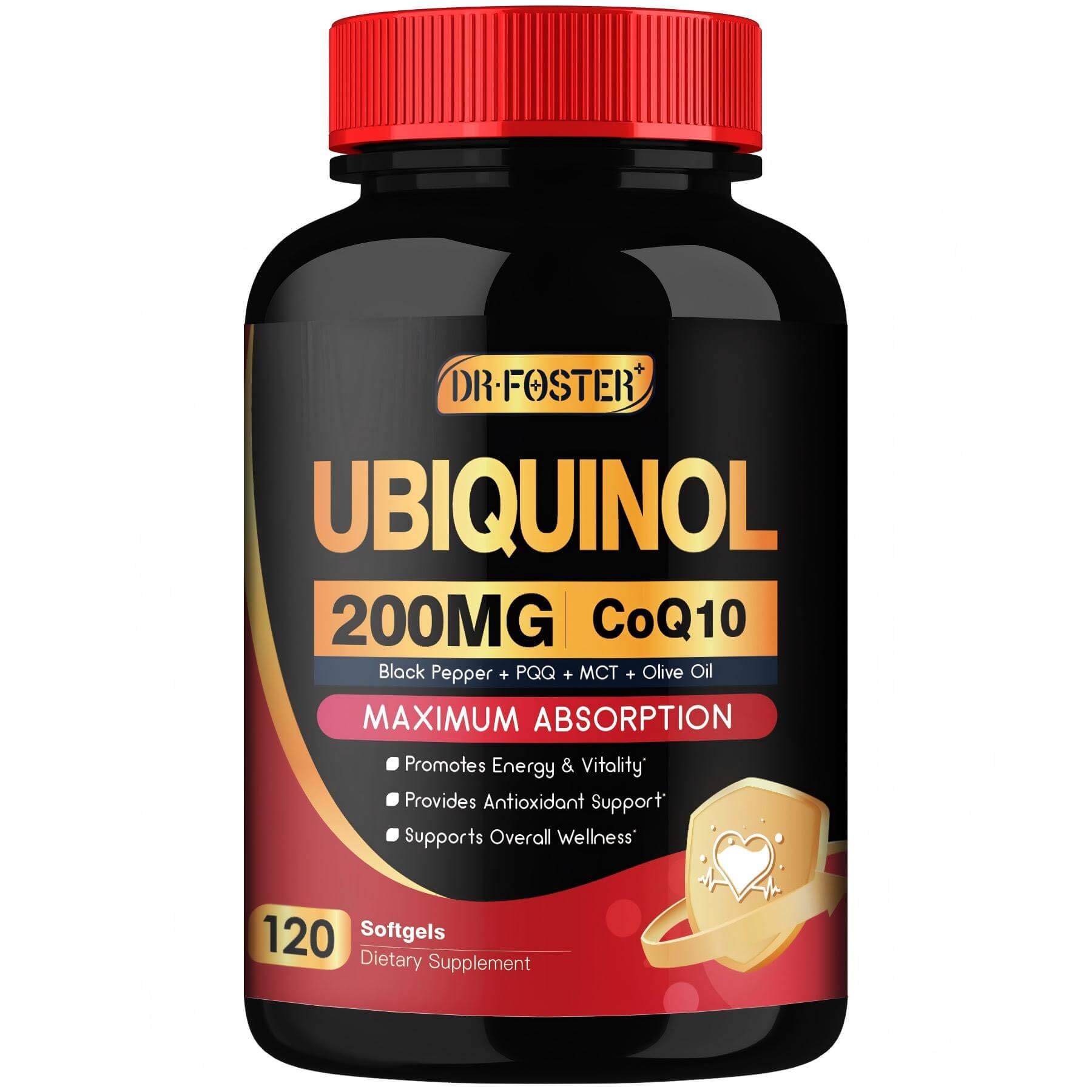 DRFOSTER CoQ10 ubiquinol softgels bottle showing premium packaging for daily energy support