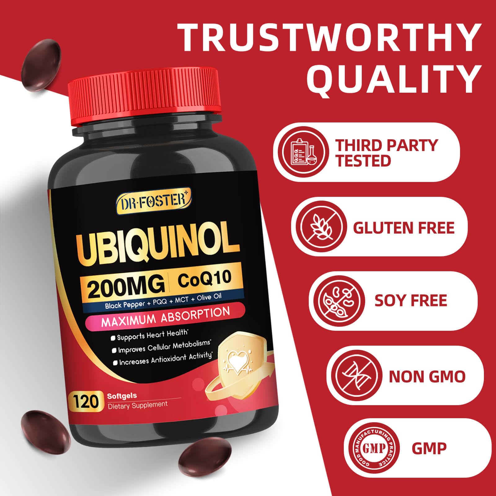 DRFOSTER CoQ10 ubiquinol softgels front packaging showcasing four-month value