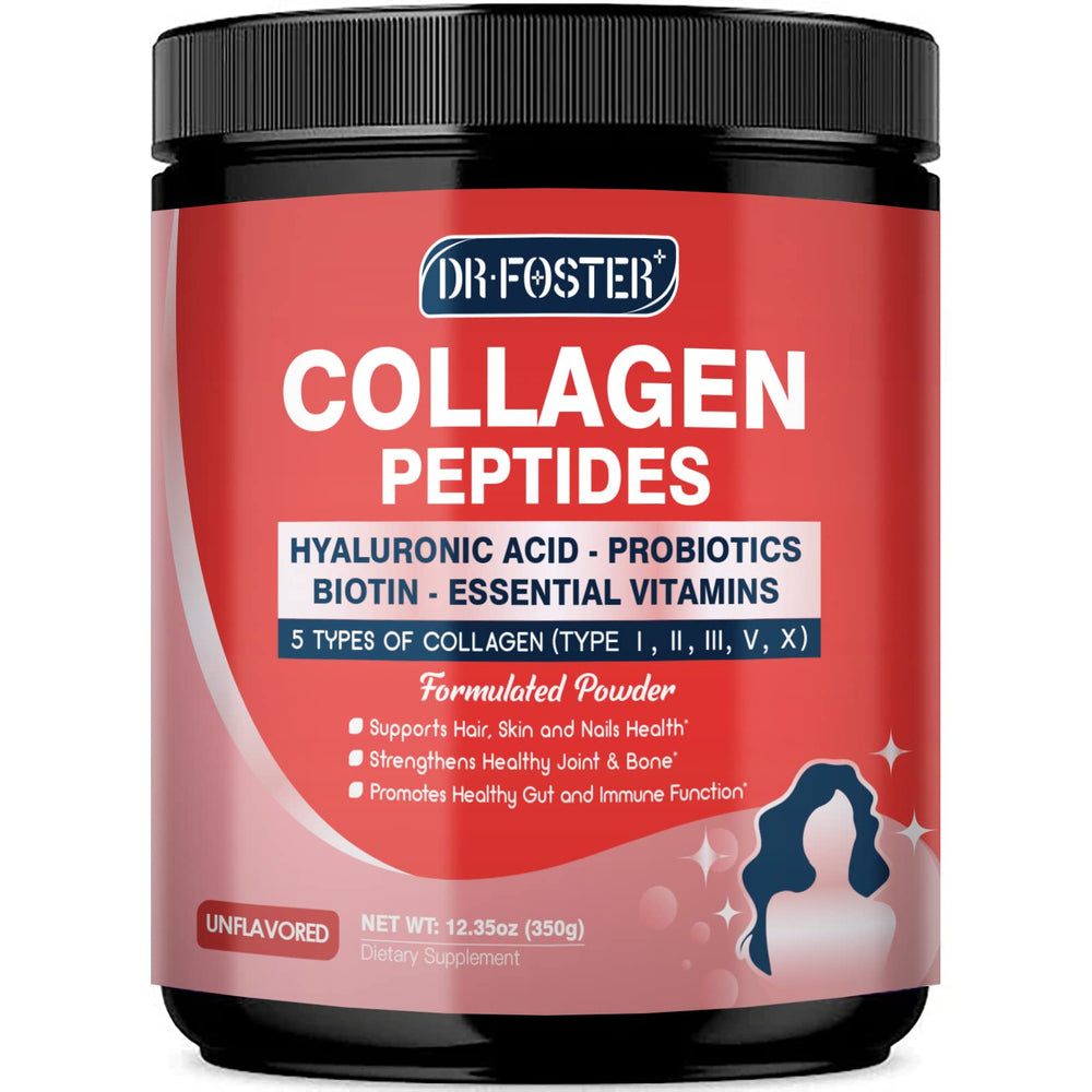 DRFOSTER multi collagen powder tub showing premium blend for skin, joints, and gut support
