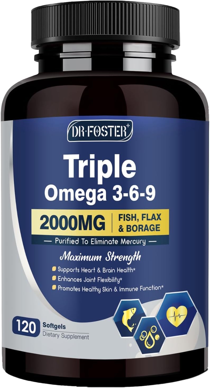 DRFOSTER Triple Omega bottle with softgels for heart and brain support.