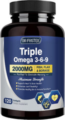 DRFOSTER Triple Omega bottle with softgels for heart and brain support.