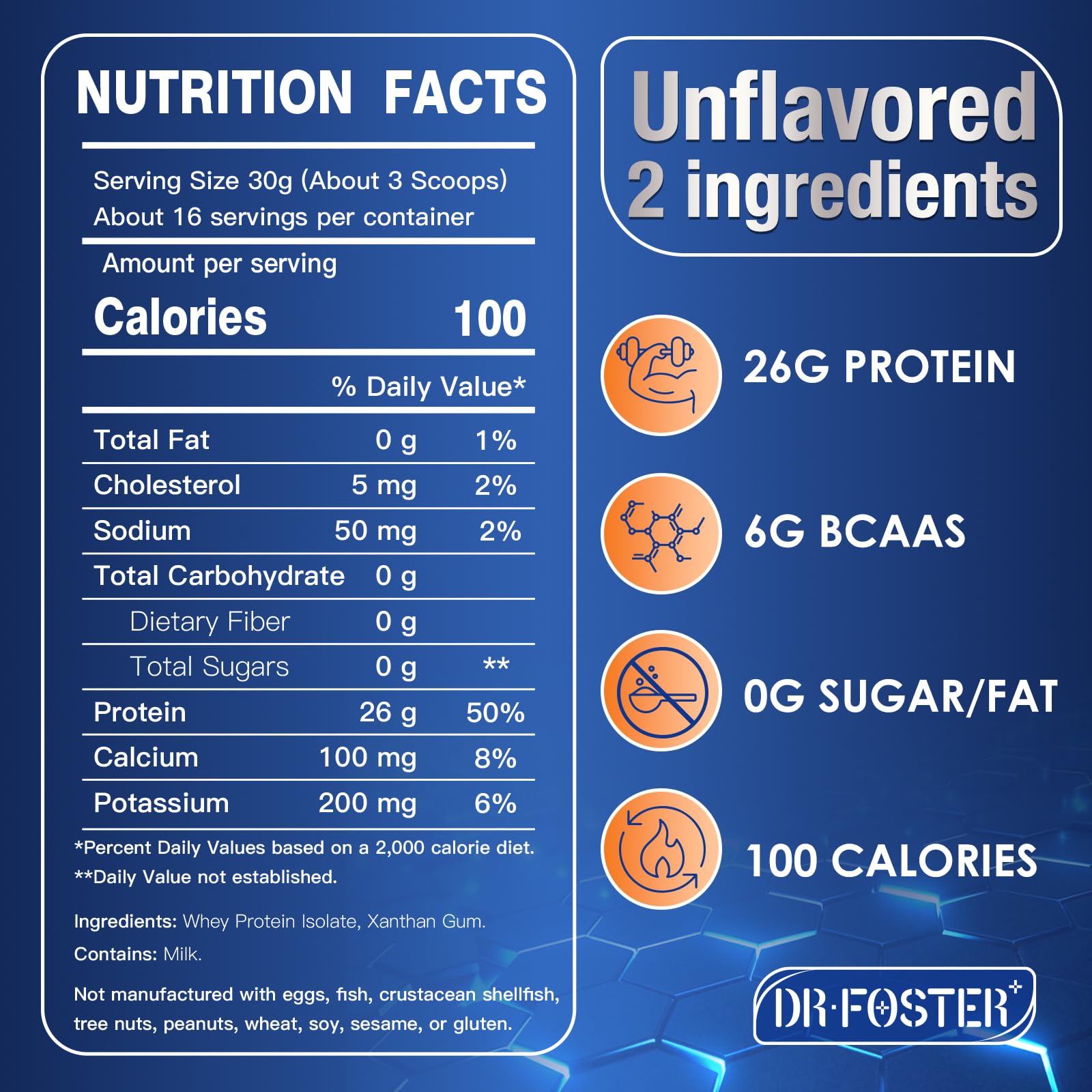 DRFOSTER Whey Protein Isolate grass-fed label closeup highlights clean ingredients for keto-friendly use.