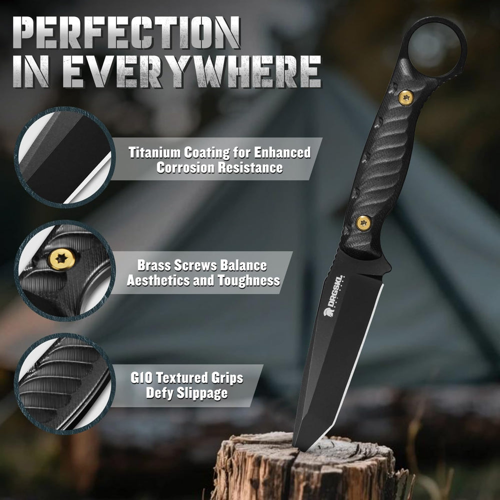 DRGSKL Tanto knife with G10 handle texture delivers a slip-free grip in rain.