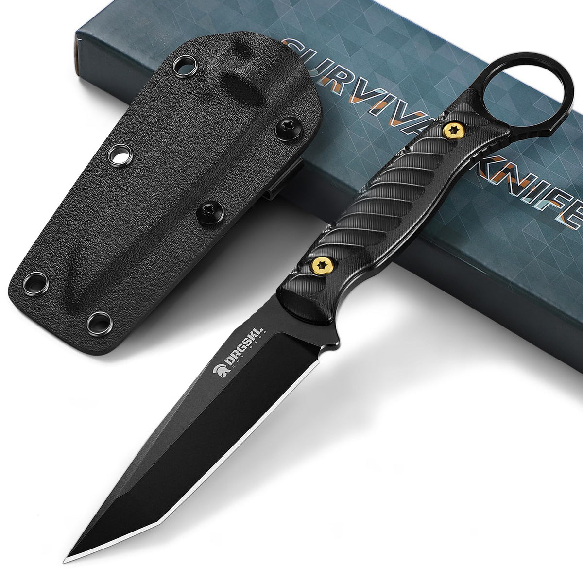 DRGSKL Tanto knife with geometric blade enhances piercing and cutting precision.