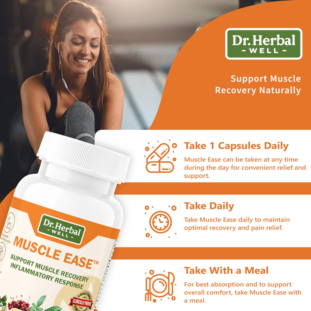 After-workout scene with DR. HERBAL WELL Muscle Ease implying gentle recovery.