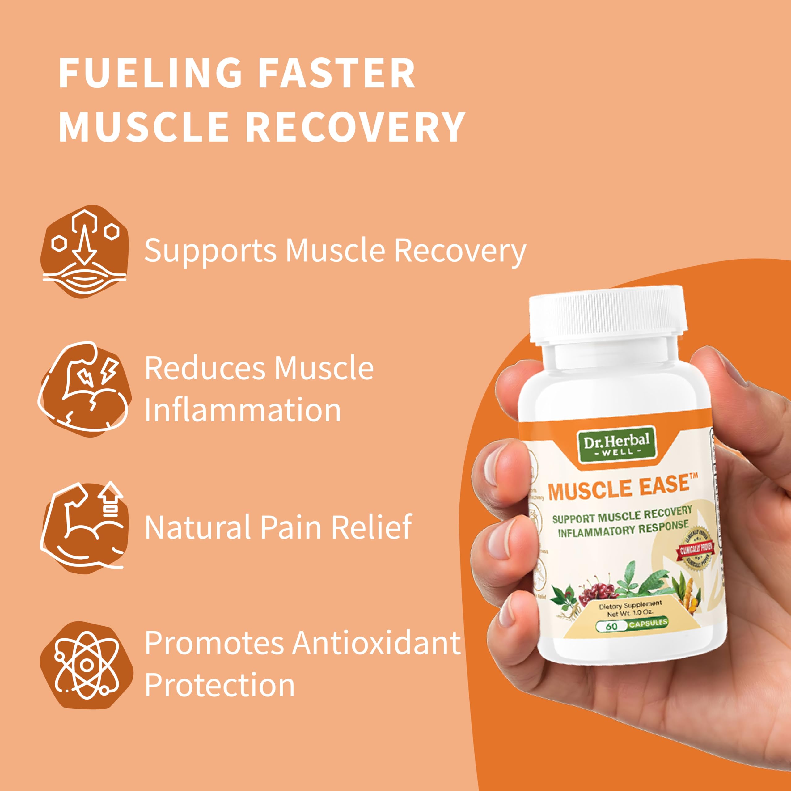 Packaging display of DR. HERBAL WELL Muscle Ease suggesting a simple routine.
