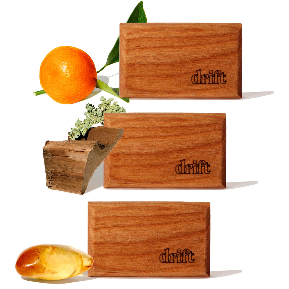 Drift car air freshener close-up wood block with premium scent.