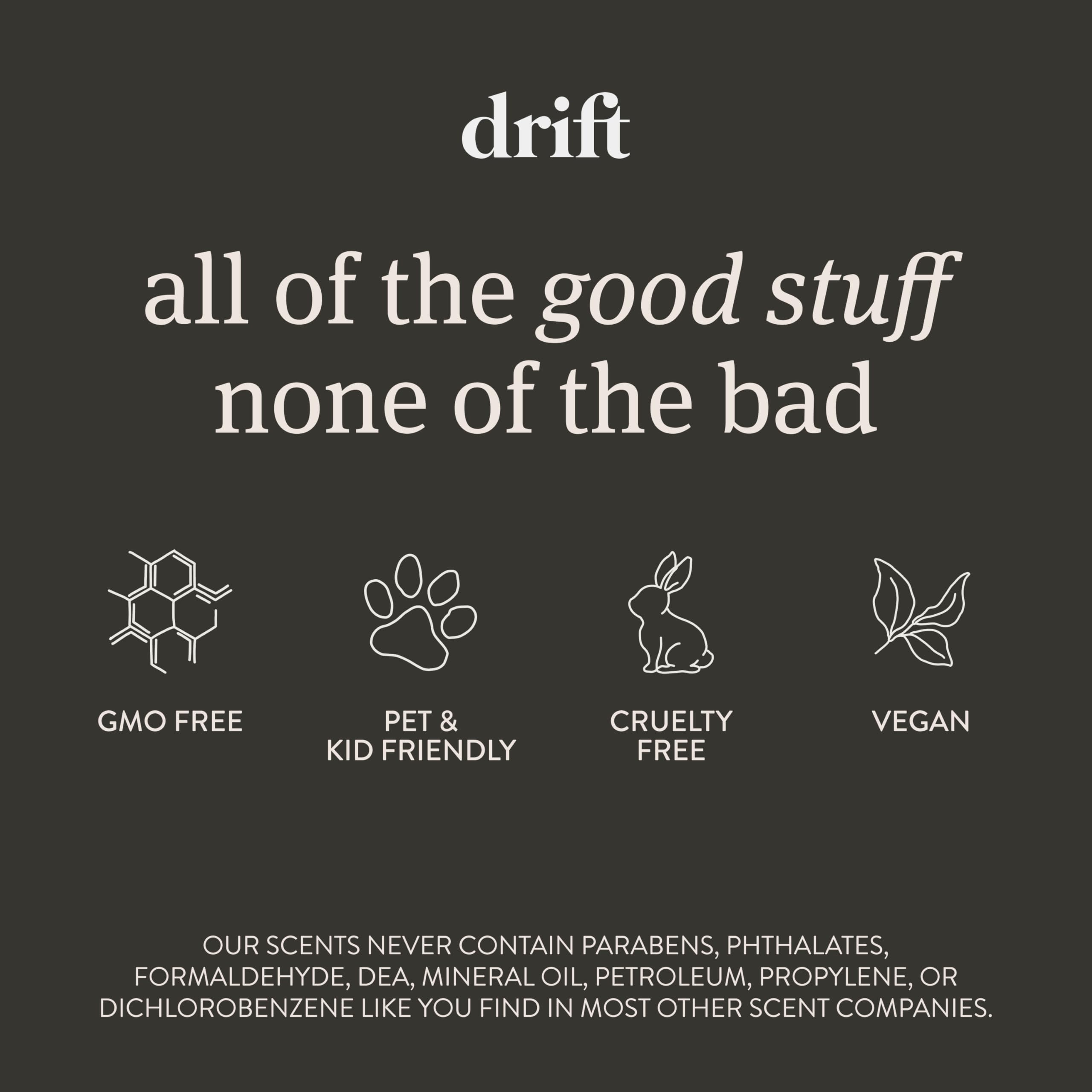 Drift clean ingredients, vegan and pet-friendly air freshener.