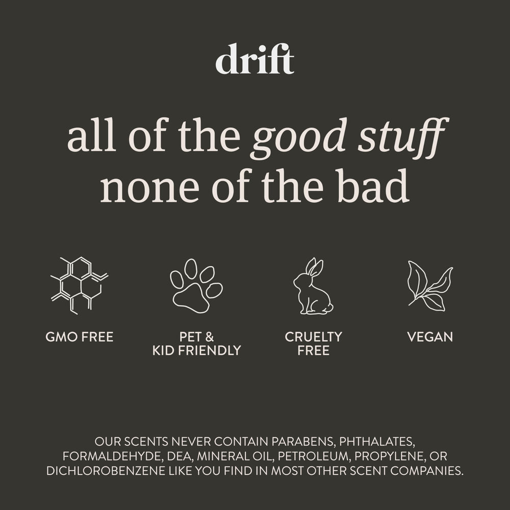 Drift clean ingredients, vegan and pet-friendly air freshener.