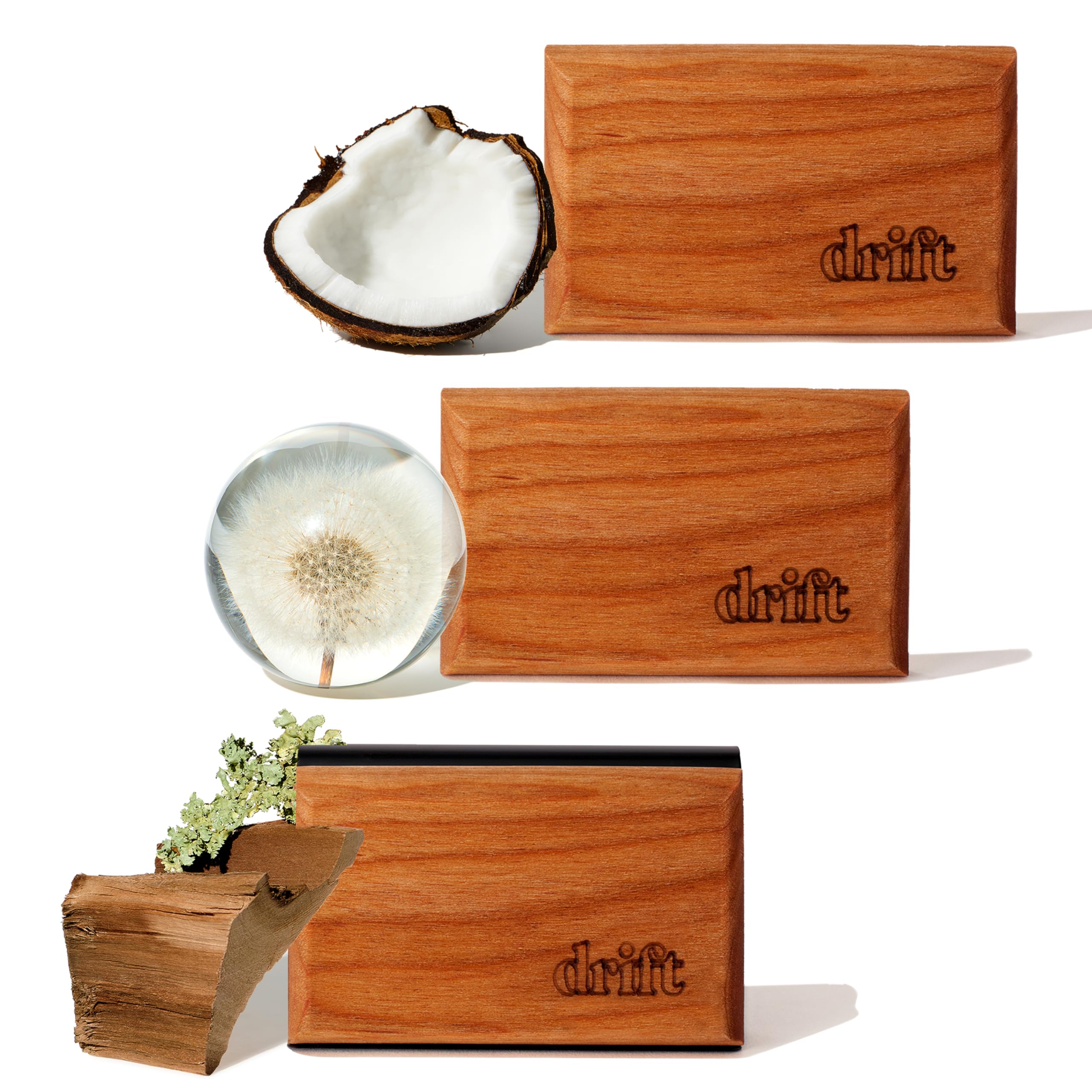 Drift starter kit wood block on visor clip for steady car fragrance.