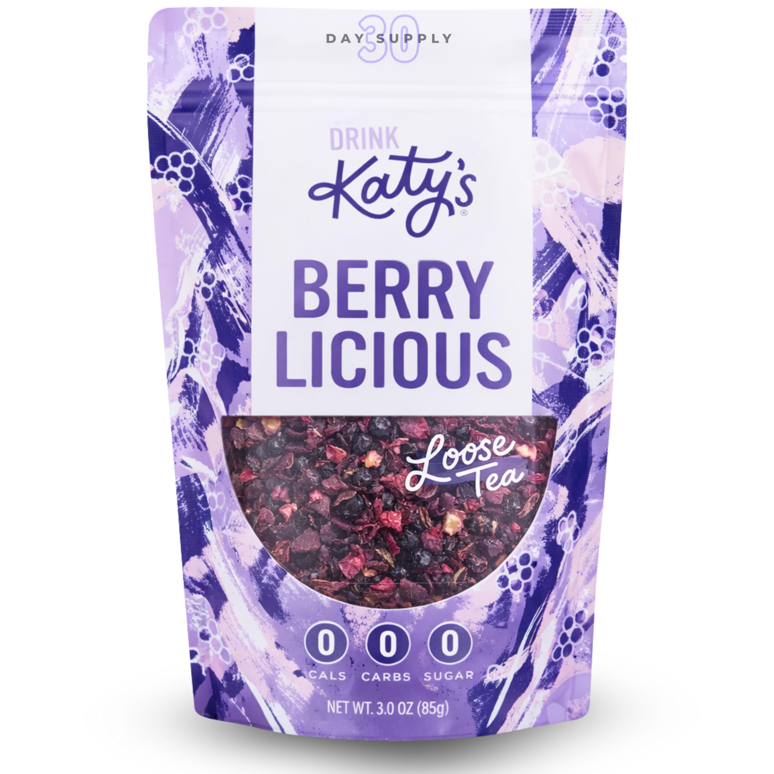 DRINK KATY'S Berry loose leaf tea closeup shows vibrant berry pieces for aroma.