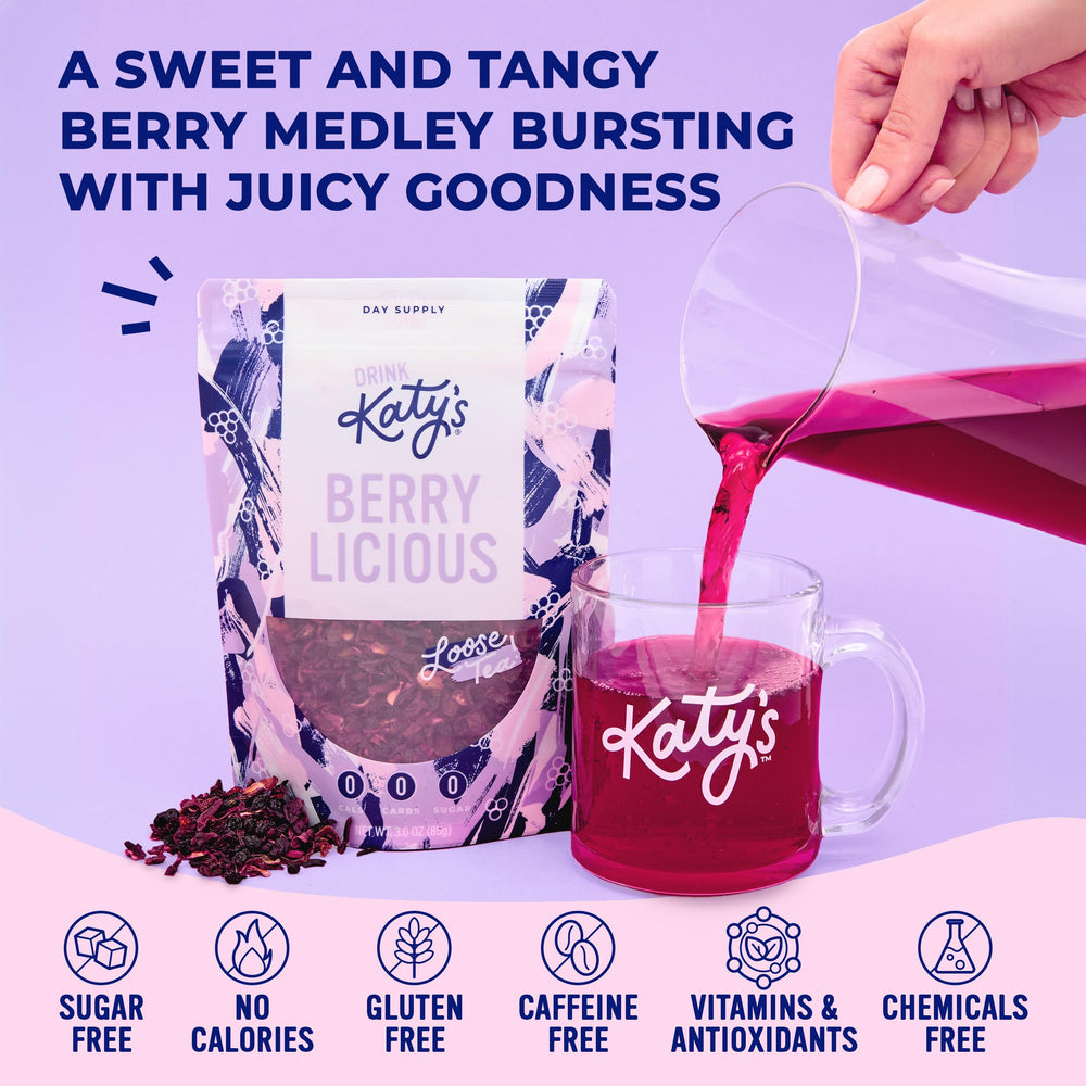 DRINK KATY'S Berry tea ruby-red brew ideal hot or cold.