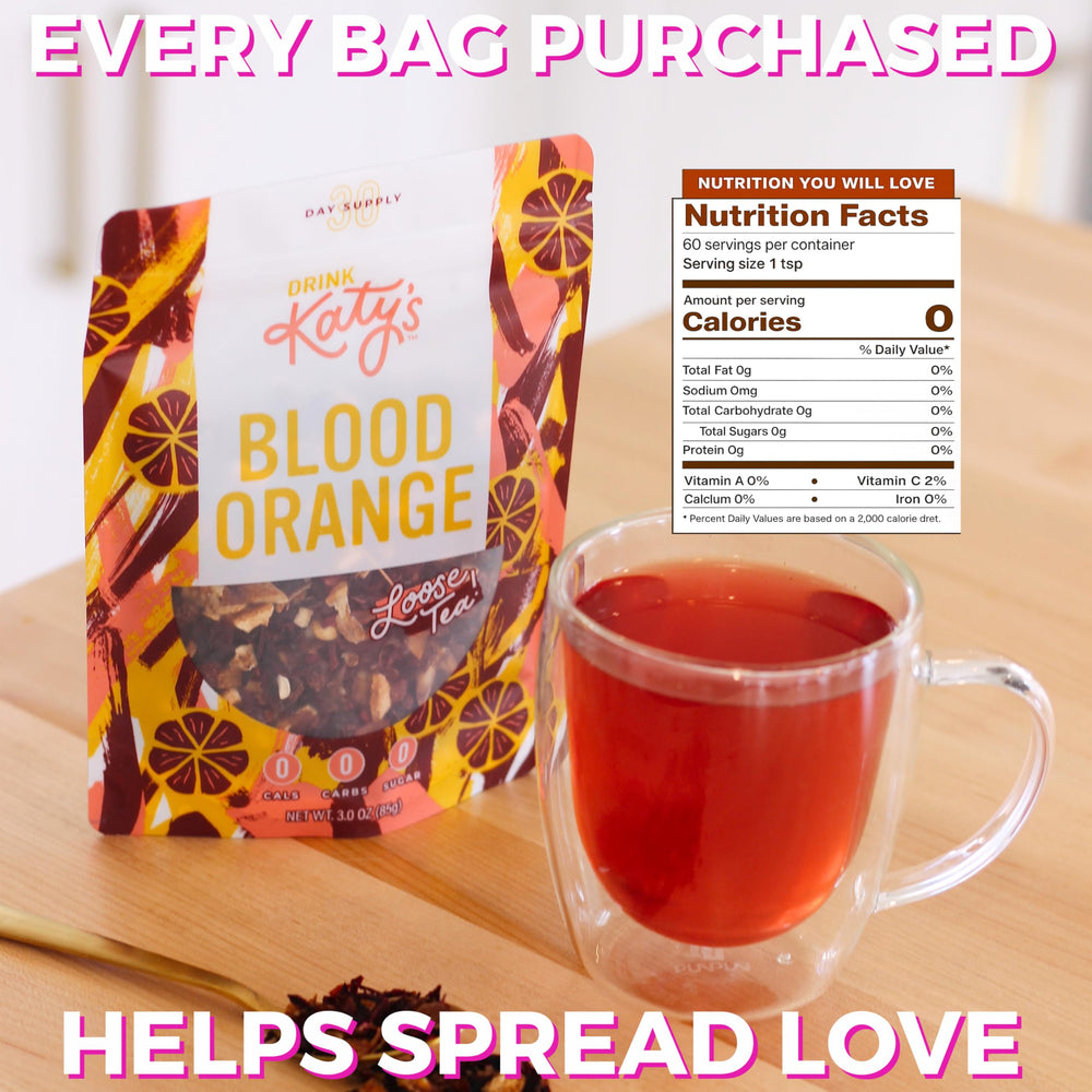 Katy's Blood Orange tea with hibiscus and rose hips, vibrant blend