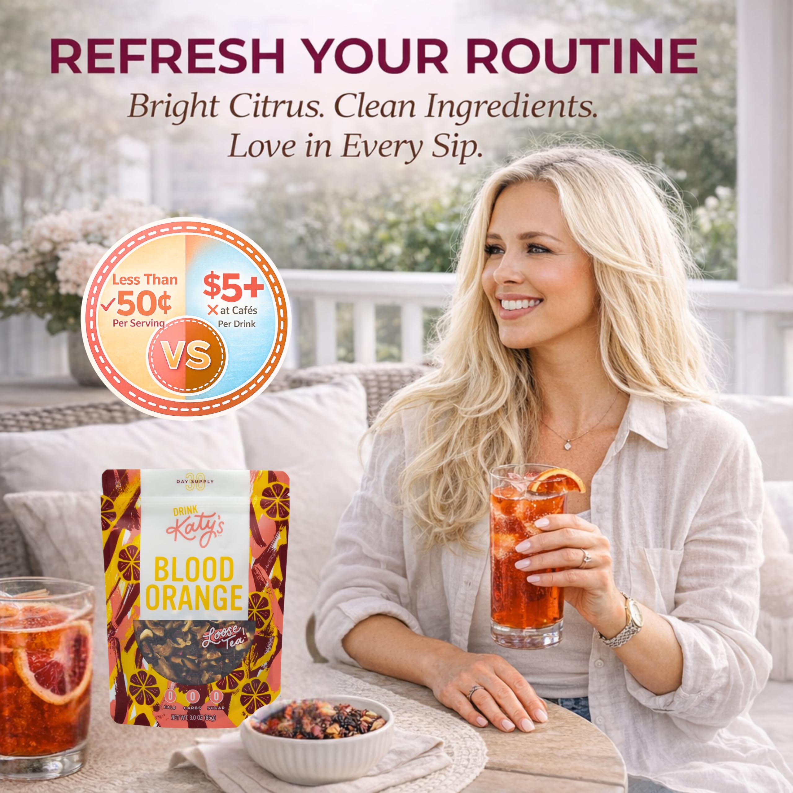 All-natural hibiscus and rose hips enrich Katy's Blood Orange tea