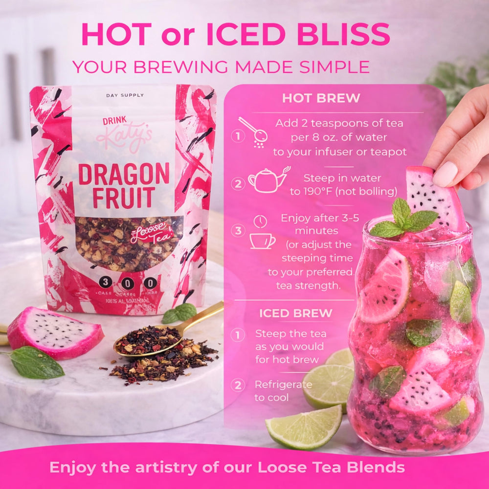 Drink Katy's full-leaf tea closeup with visible fruit pieces and botanicals.