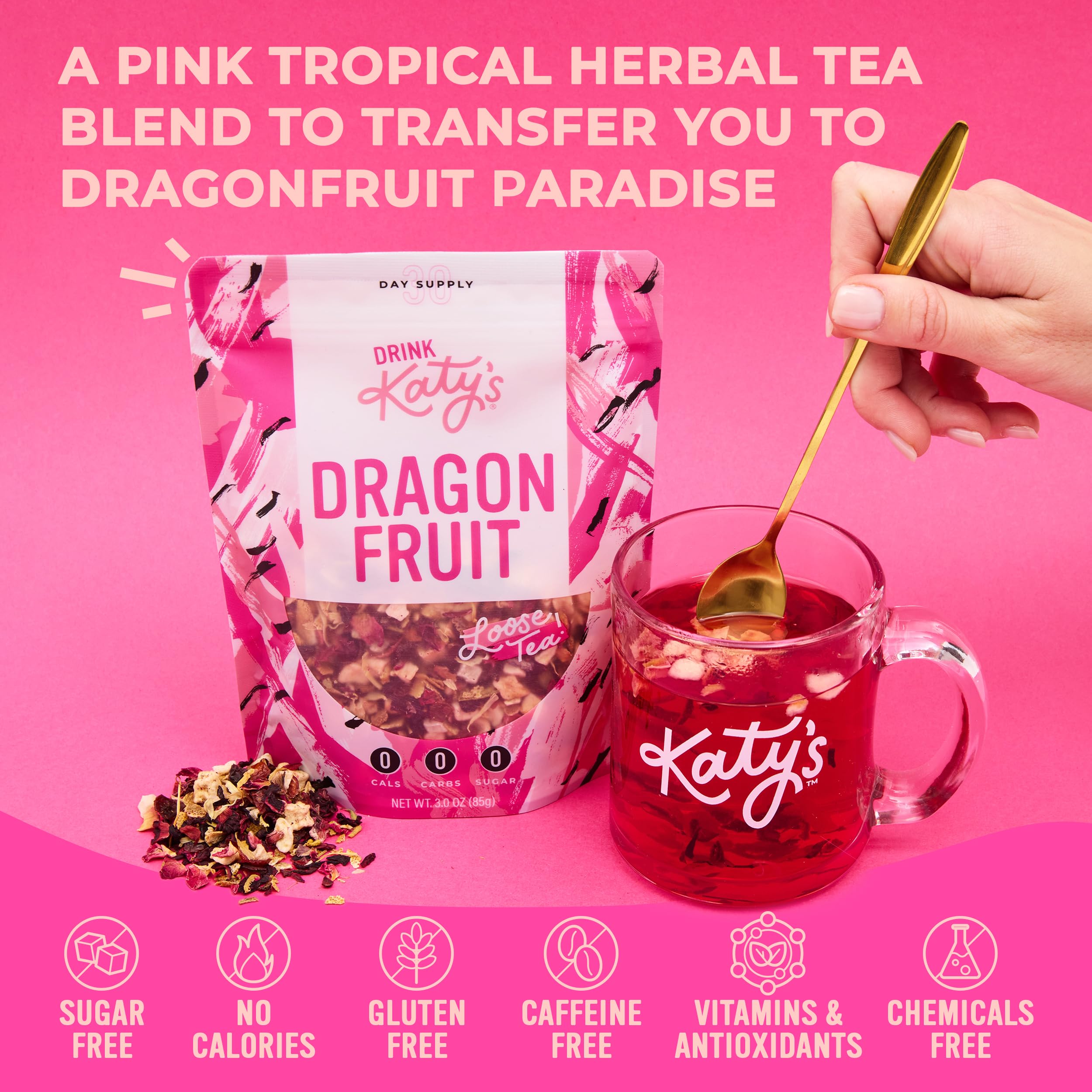 Drink Katy's Hibiscus Pineapple Dragonfruit blend brews a bright pink color for cooling beverages.