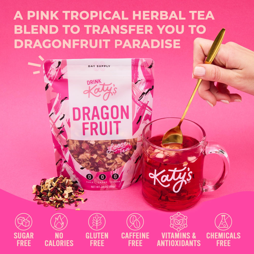 Drink Katy's Hibiscus Pineapple Dragonfruit blend brews a bright pink color for cooling beverages.