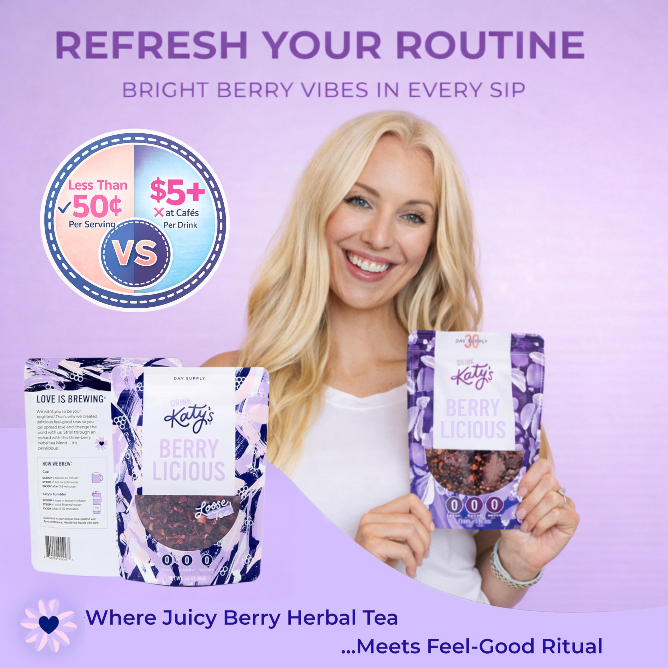 DRINK KATY'S hot cup steaming berry tea aroma.